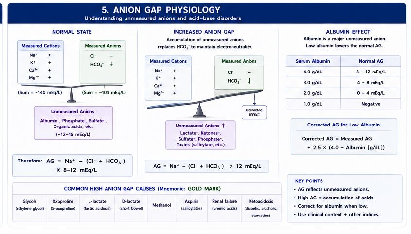 Medical illustration of anion gap physiology, electroneutrality Gamblegram, unmeasured anions, and albumin correction formula.