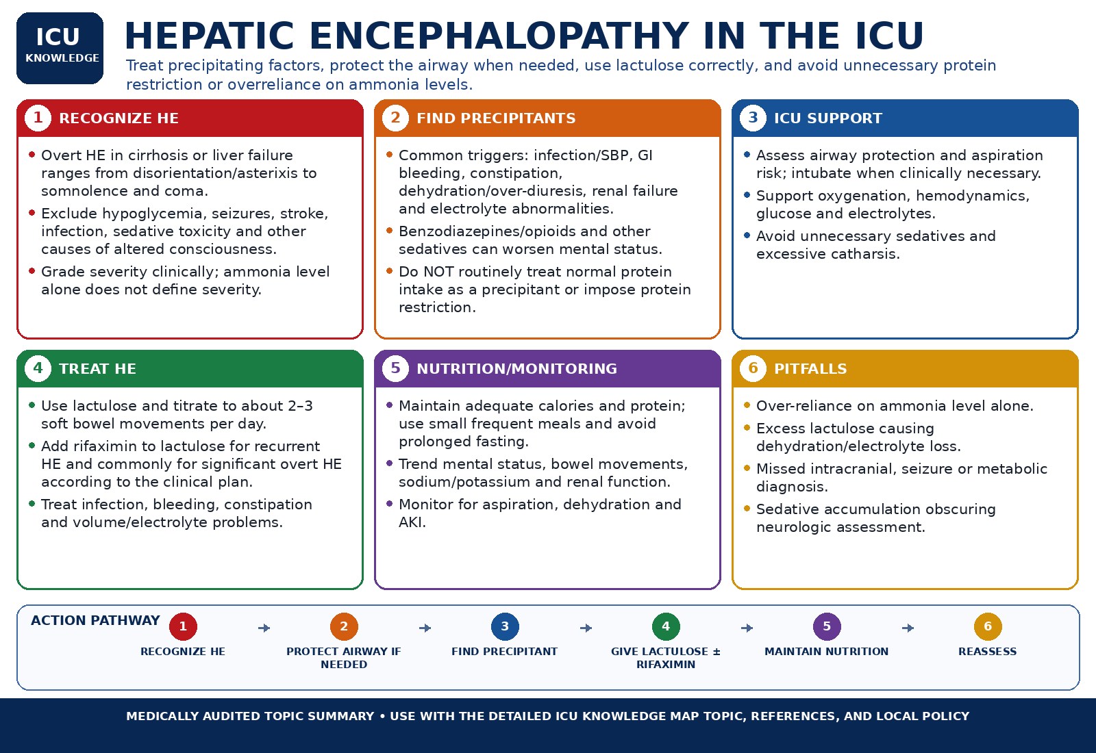 Hepatic Encephalopathy in the ICU — Audited At-a-Glance Summary